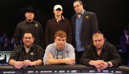 Final table players. From left to right: Hoyt Corkins,Tyler Smith,Jared Jaffee,Jonathan Kantor,Jerry VanStrydonck,James Reed